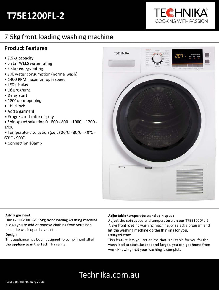 Technika 7.5kg front loading washing machine