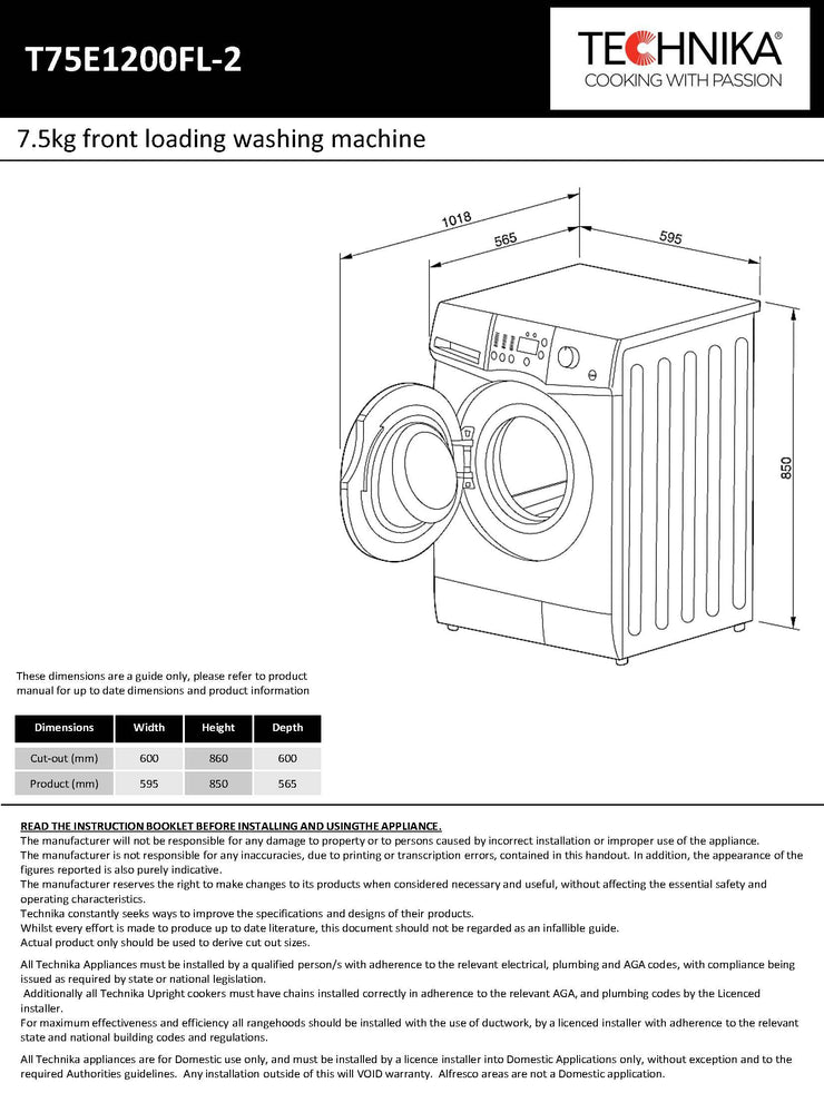 Technika 7.5kg front loading washing machine