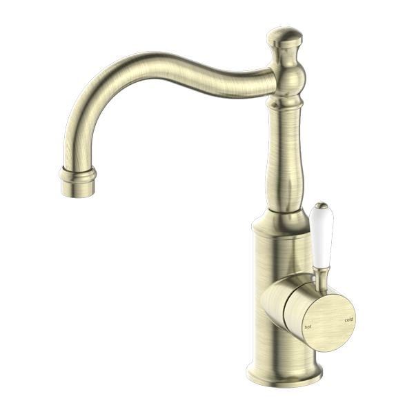 YORK BASIN MIXER HOOK SPOUT WITH WHITE PORCELAIN LEVER AB