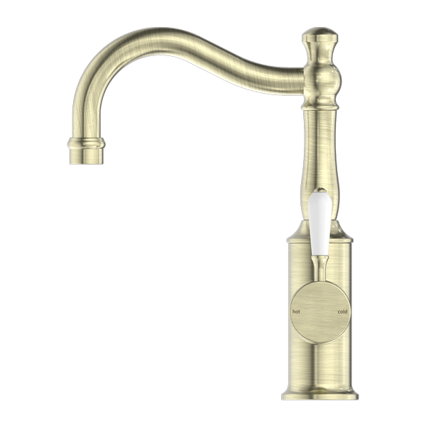 YORK BASIN MIXER HOOK SPOUT WITH WHITE PORCELAIN LEVER AB