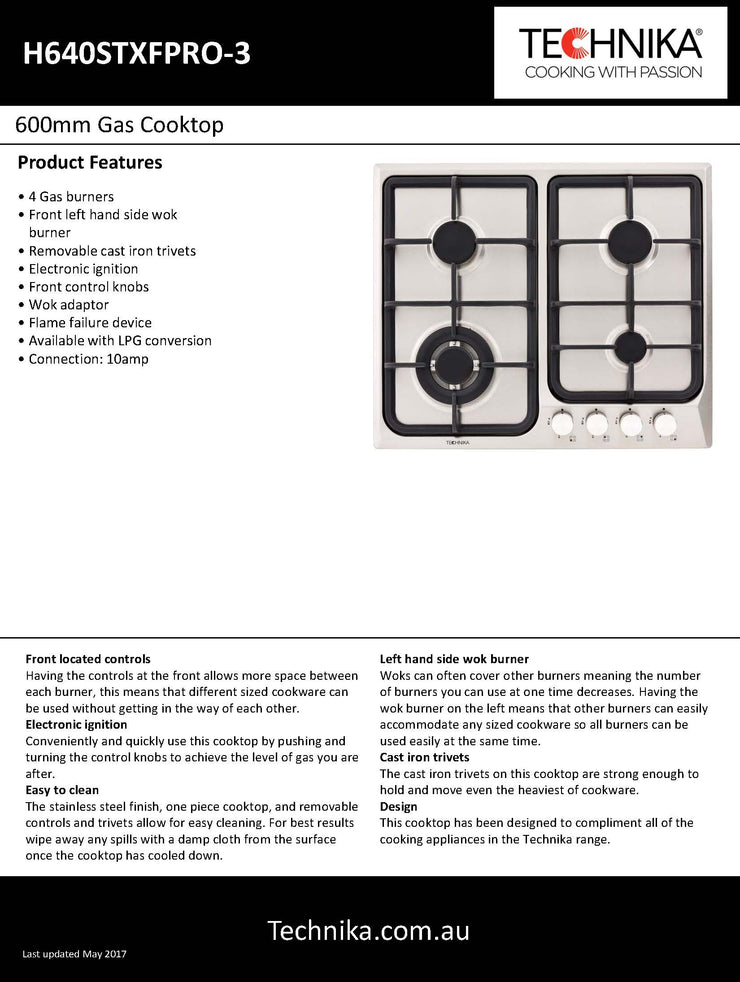 600mm stainless steel gas cooktop