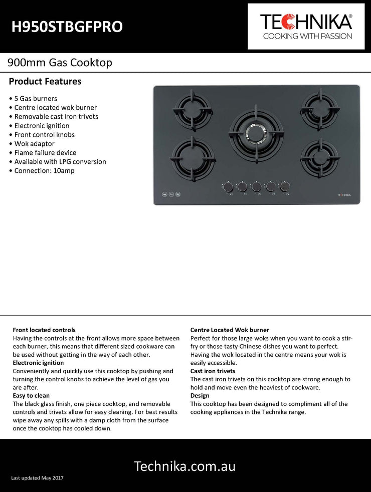 900mm black glass gas cooktop