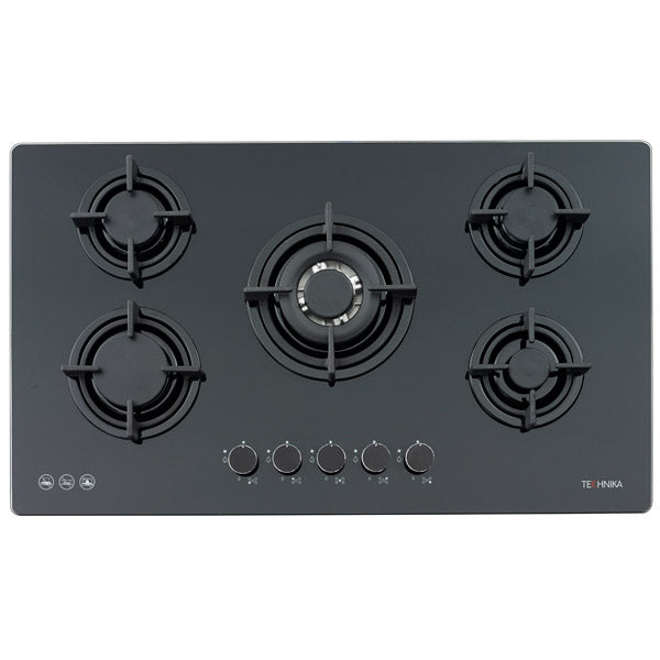 900mm black glass gas cooktop
