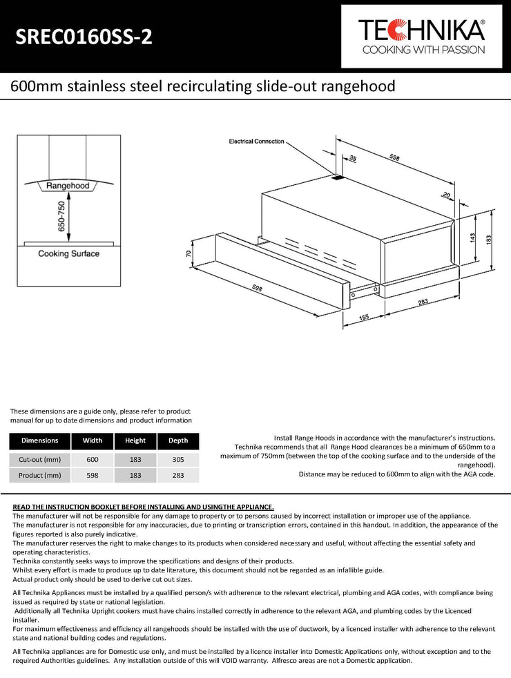 Technika slideout rangehood 600mm stainless steel recirculating slideout SREC0160SS-2